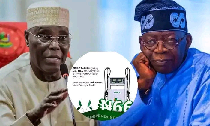Atiku Abubakar and Bola Tinubu beside an NNPC Retail N66 petrol discount graphic
